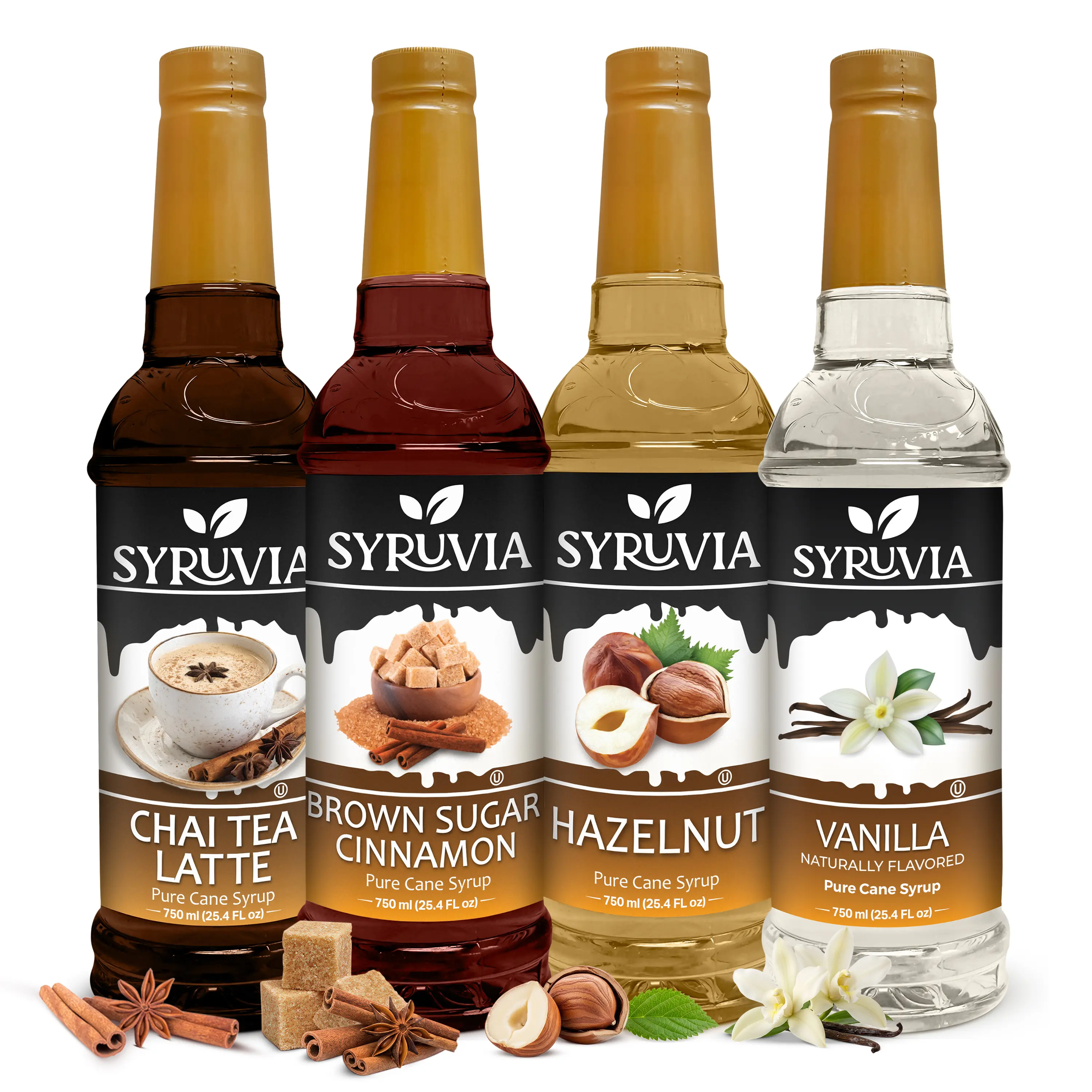 Syruvia Coffee Syrup Variety Pack – Chai Tea Latte, Brown Sugar Cinnamon, Hazelnut & Vanilla – Perfect for Coffee, Lattes, Iced Tea & Desserts – 25.4 Fl oz Bottles (4 Pack)