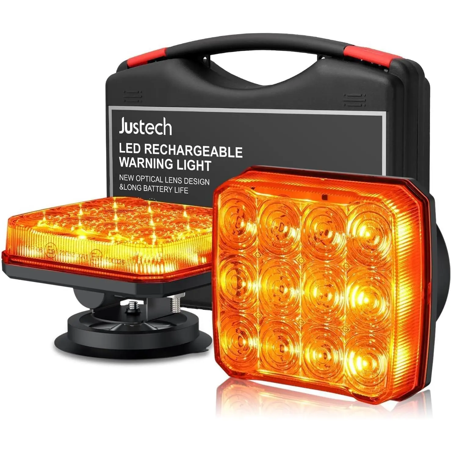Justech 2 PCS 12 LED Rechargeable Square Emergency Flashing Lights, Magnetic Strobe Cordless Safety Light with 18 Flash Modes, IP65 Waterproof 12-24V Amber Beacon Light for Trucks Tractors Snow Plow