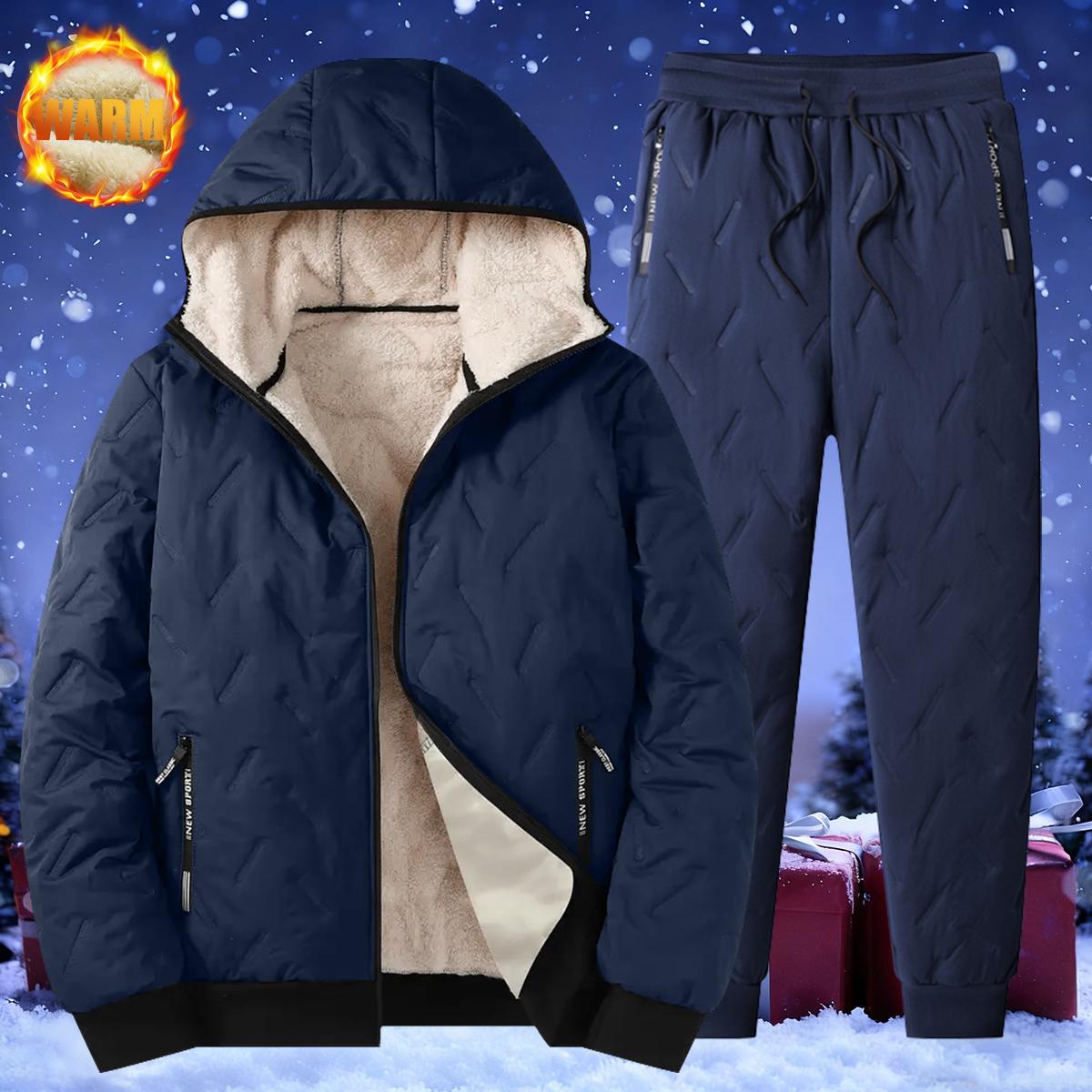 Men's Solid Color Zipper Warm Jacket and Drawstring Waist Pants Two-Piece Set, Regular Casual Long Sleeve Hooded Jacket with Pocket and Pants, Suitable for Autumn and Winter Seasons, Men's Daily Wear thick comfort