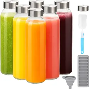 Set of 6 Glass Juice Bottles with Lids for Juicing 18 oz, Reusable Clear Glass Water Bottles with Stainless Steel Airtight Cap for Refrigerator, 100% Leak Proof Drinking Jar, BPA Free