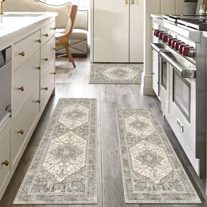 Boho Washable Kitchen Rugs Sets of 3, Non Slip Kitchen Mats for Floor with Rubber Backing,  & Stain Resistant Carpet Runner Throw Rug for Kitchen, Laundry Room, Hallway, Beige Grey