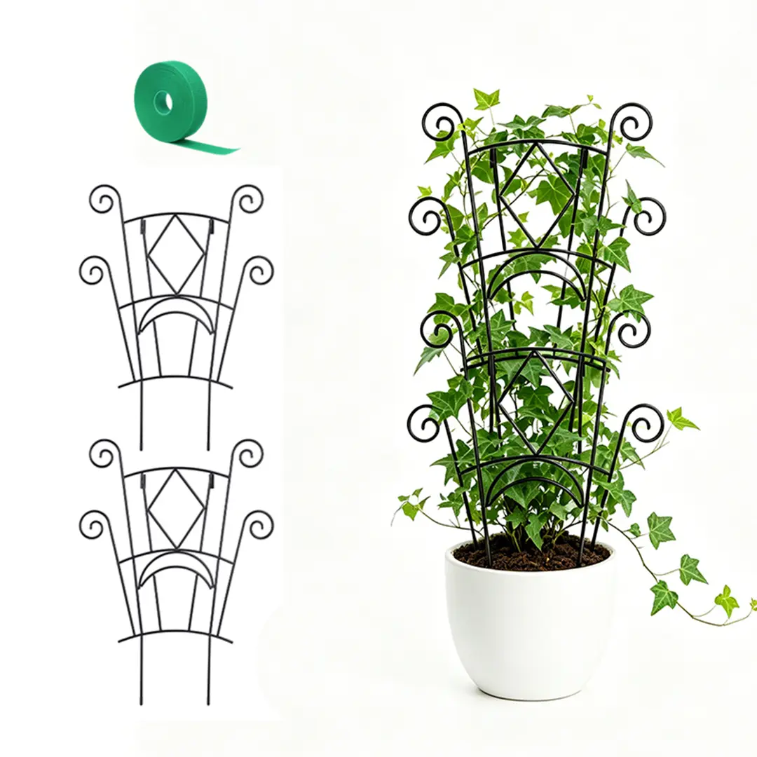 2 Supports Black Metal Stackable Plant Support Tower - Gardening Supplies, 15.35-24.41 in, Sturdy Odorless Corrosion-Resistant Coating, Connector-Equipped Climb Aid for Indoor Plants, Outdoor Pothos, 15.35 To 24.41 Inches