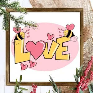 2D Flat Prints 1pc Wood Frame Wooden Wall Sign Valentine's Day Love Theme, Bee and Heart-Shaped Elements, Cartoon Cute Style Wall Art 8x8in Prints Print Painting for Living Room Bedroom Office Bathroom Dorm Home Decor