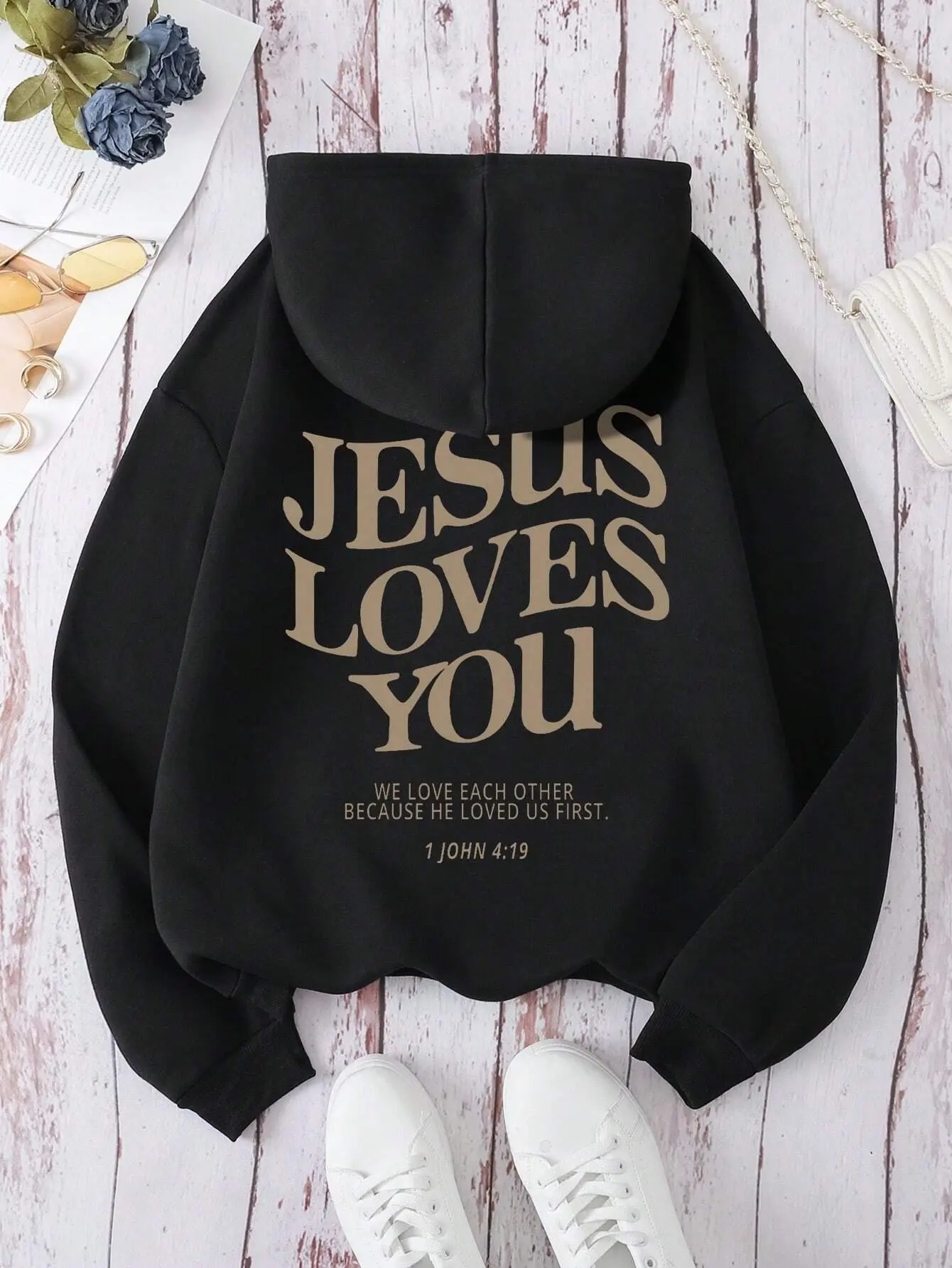 Thick 270 Gram Brushed Fleece Christian Hoodie, Jesus Loves You Bible Verse Print Drawstring Sweatshirt, Inspirational Faith Pullover, Cozy Daily Wear For Fall Winter