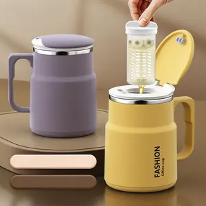 Reusable Washable Tea Infuser Cup Tumbler with Leak-Proof Flip Cover Lid, Built-in Strainer, Dual Compartment, Ergonomic Handle - Lavender, Mustard Yellow, Flip Cover White - Sports & Outdoor Travel Office Use