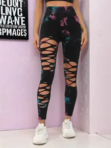 Women's Tie Dye Print Ripped High Waist Scrunch Sports Leggings, Stretchy High Waist, Casual Comfy Breathable Skinny Pants for Yoga Gym Workout Running, Ladies Sportswear for All Seasons