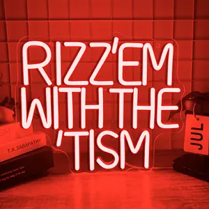Rizz 'Em With The Tism Neon Signs for Wall Decor,Dimmable Autistic Humor Autism Awareness Neon Light,USB Neon Light for Man Cave Bedroom Kid Classroom Birthday Party Gifts (12.9 * 11in), Led Neon Lights, Neon Accent Lights