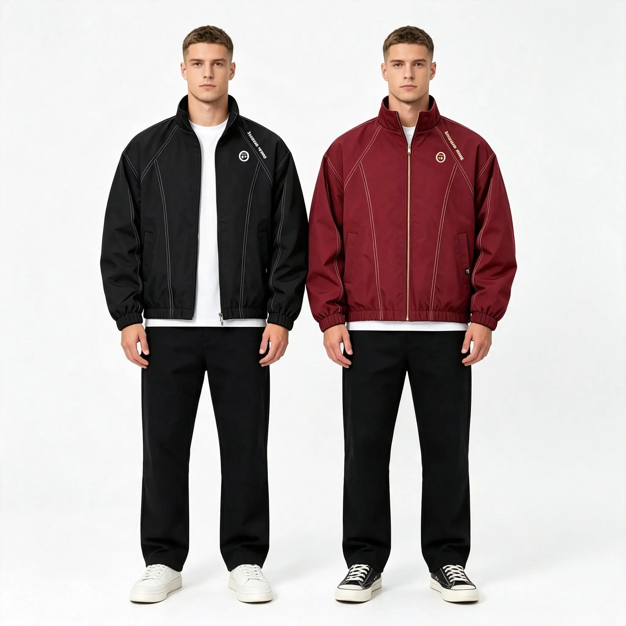 Men’s loose-fit aviator jacket 2-piece set with visible stitching lines, letter print, stand collar, and zipper—casual outerwear suitable for street style.