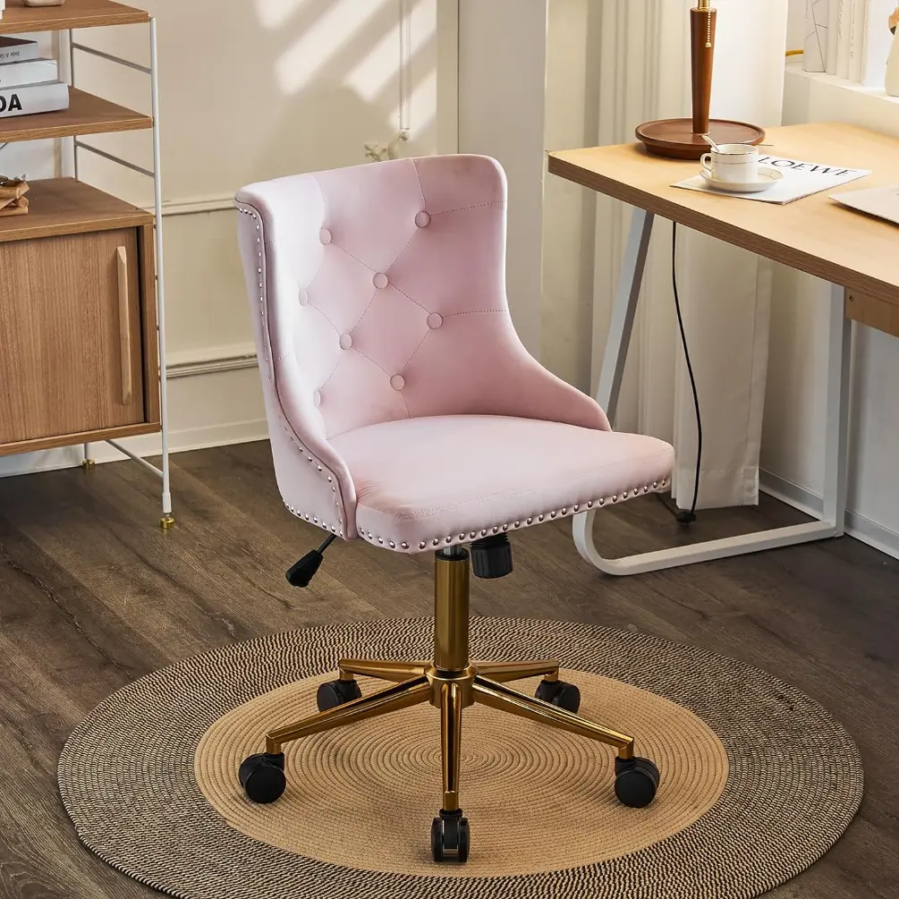 Light Pink Velvet Armless Home Office Desk Chair with Gold Wheels, Small Cute Vanity/Makeup Chair with Back for Bedroom, Upholstered Adjustable Rolling Swivel Nail Chair for Women