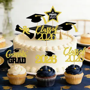 48pcs Grad Cupcake Toppers, Congrats Graduate Cake Picks, 2026 Class Decoration, Shiny Hats and Stars, Party Supplies for Graduation Parties
