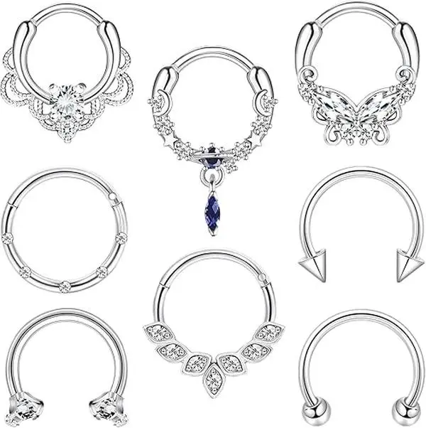 Personality 8pcs Septum Rings 16g Surgical Steel Nose Hoops Clicker Daith Piercing Jewelry Silver Butterfly CZ Horseshoe for Women Men