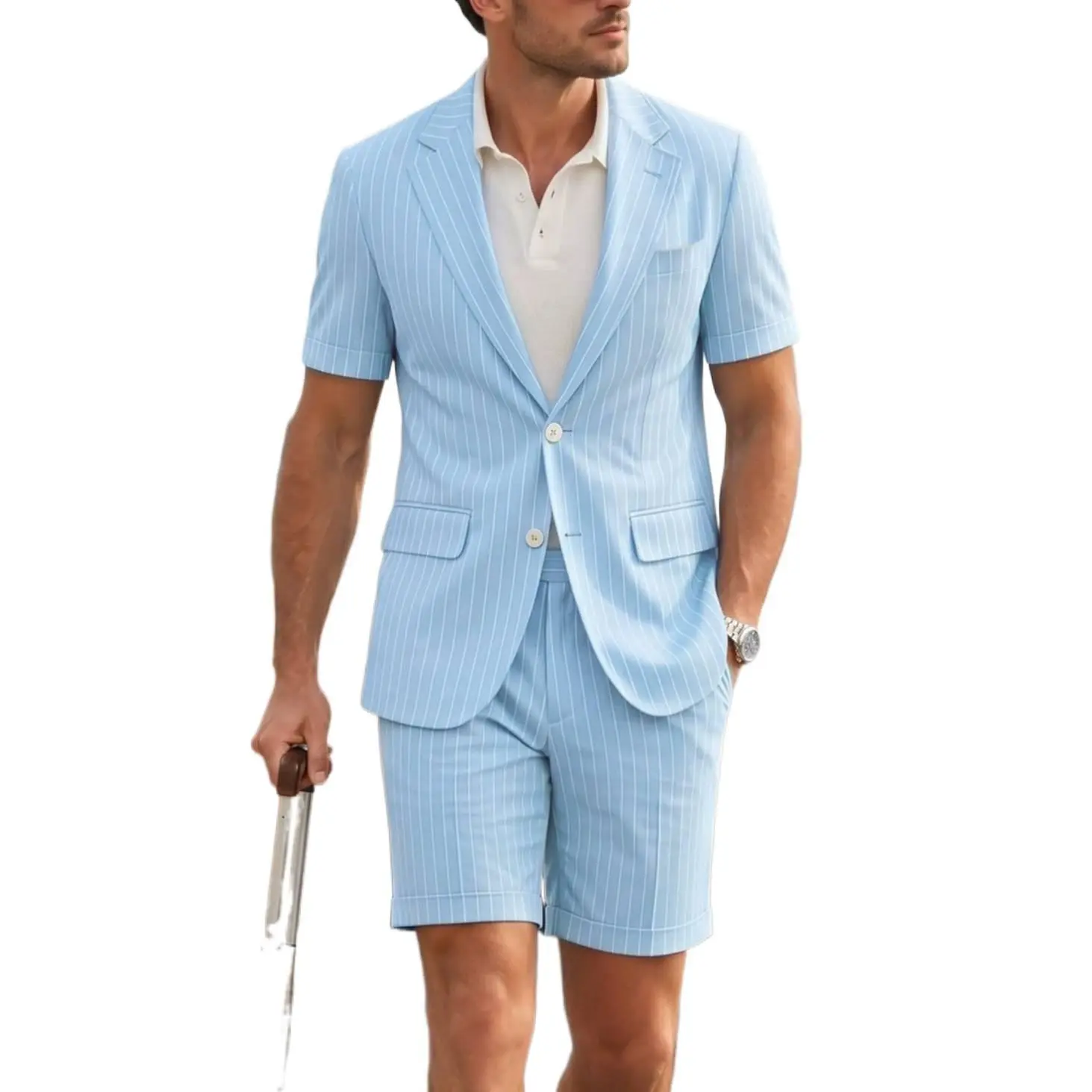 Men’s Blue Striped 2-Piece Suit Set - Summer Business Casual 2-Button Notch Lapel Blazer & Pants, Light Suit for Office, Wedding, S-2XL Classic Formal Menswear Dress Fabric Fitted Jacket Matching Polyester Smooth