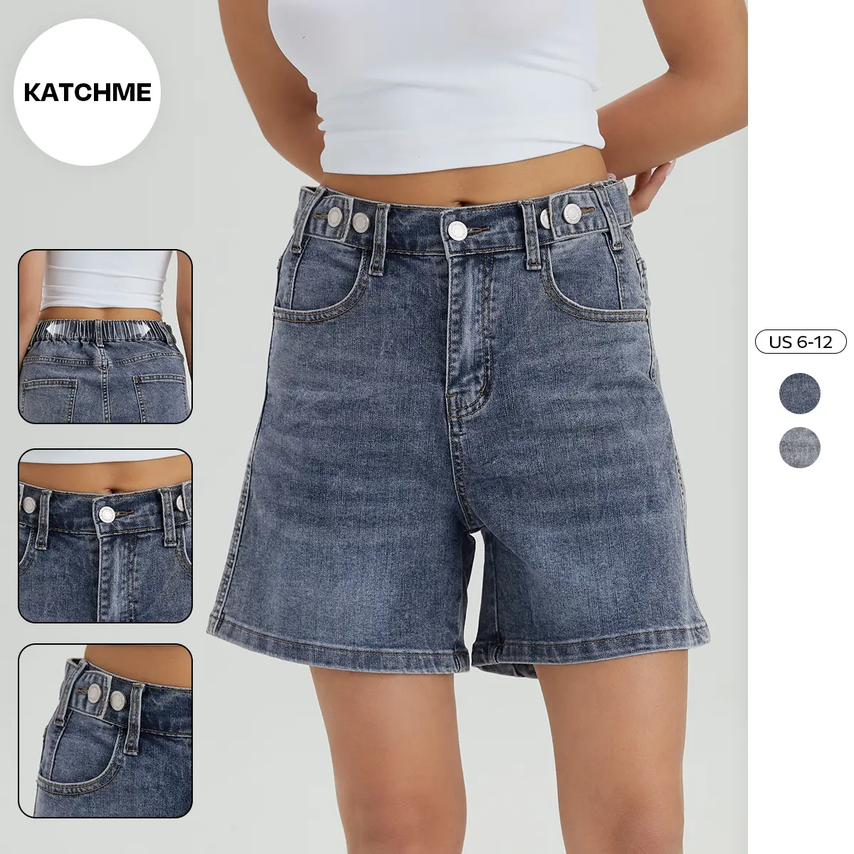 KatchMe Women's Chic High Waist Adjustable Button Multi-Pocket Durable Denim Shorts, Versatile Loose Stretch Bottom, Street Womenswear, Wrinkle-Resistant Bermuda Shorts