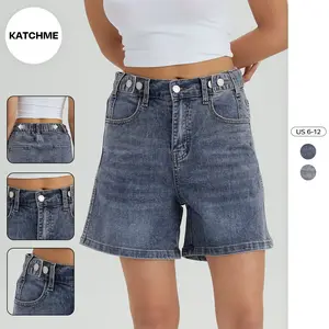 KatchMe Women's Chic High Waist Adjustable Button Multi-Pocket Durable Denim Shorts, Versatile Loose Stretch Bottom, Street Womenswear, Wrinkle-Resistant Bermuda Shorts