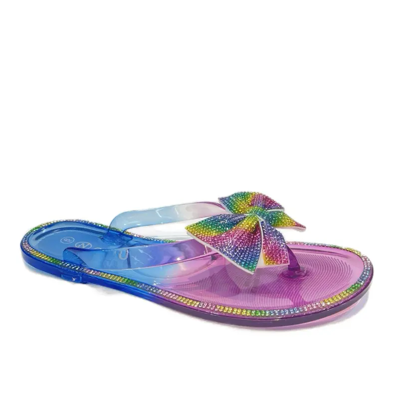 Women's Elegant Plastic Rainbow Sandals - Open Toe, Toe Thong, Slip-On, No Heel (<1 cm), Waterproof PVC Sole, Colorful Rhinestones, Summer Casual Footwear, Comfortable Lightweight for Walking DS-03