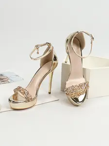 Women's Fashion Rhinestone Decorated Buckle Metallic Stiletto Heels, Elegant Open Toe High Heel Sandals for Party, Banquet, Fashionable Shoes for Daily Wear, Glitter Decorated Sandals