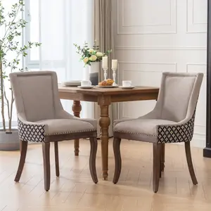 [Bellemave] Ultra Side Dining Chair, Thickened fabric chairs with neutrally toned solid wood legs, Bronze nail head, Set of 2, Beige and Patterned,SW2207BG