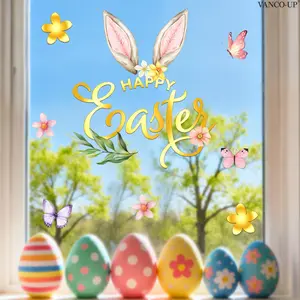 A set (30*30cm) of Easter rabbit ears and butterfly gold-stamped "Happy Easter" window stickers for decorating living rooms, bedrooms, bathroom windows, display windows, glass doors. Self-adhesive door stickers GA20030