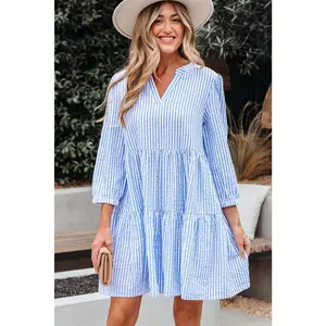 Sky Blue Stripe Bracelet Sleeve Tiered Shift Dress with Pockets