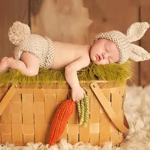 Newborn Photography Prop Set, 1 Set Cute Rabbit Ear Design Knitted Hat & Pants & Carrot, Photography Props for Infant