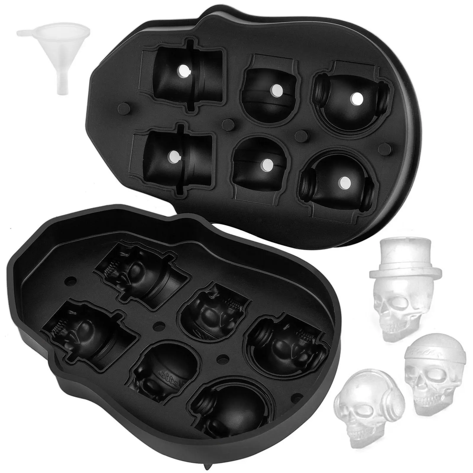 VEVOR Skull Ice Cube Tray, TikTokShopBlackFriday, 6-Grid Skull Ice Ball Maker, Flexible Black Silicone Ice Tray with Lid & Funnel, Skull Ice Cubes in 3 Distinct Patterns for Beverages & Chocolates on Parties & Holidays