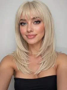 18 Inch Straight Wig with Bangs, Multi-Layered Short Synthetic Hair, Synthetic Material Wigs, Lightweight Breathable, Easy Maintenance, Suitable for All Ages, Straight Layered Wigs