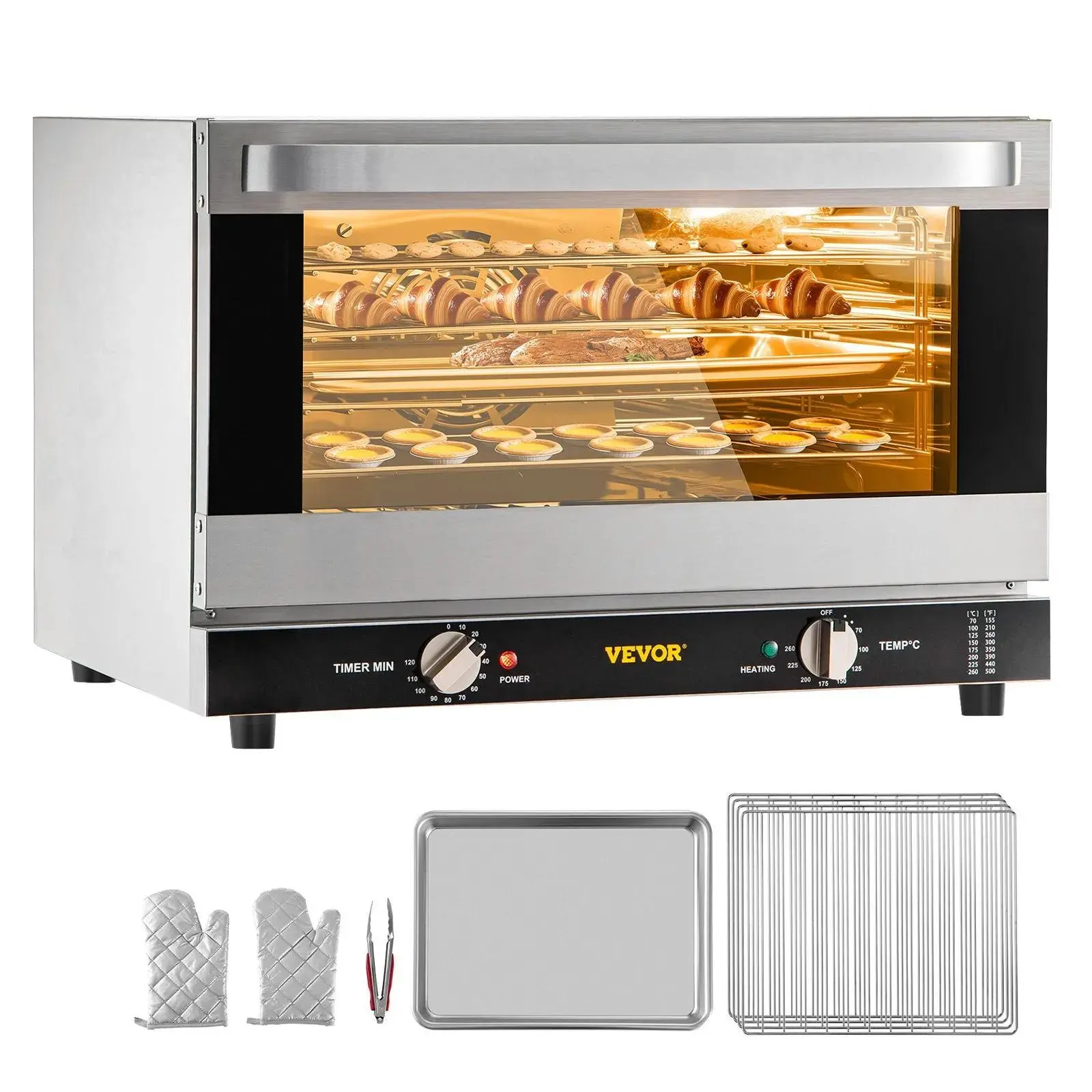 【Summerfinds】VEVOR Commercial Convection Oven,  47L/43Qt, Half-Size Conventional Oven Countertop, 1600W 4-Tier Toaster with Front Glass Door, Electric Baking Oven with Trays Wire Racks Clip Gloves, 120V, ETL Listed