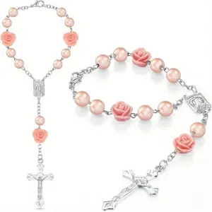 Pink Car Rosary Elegant 1pc ABS Material Rearview Mirror Hanging Charm with Cross Pendant Religious Automotive Decor for Personal Protection