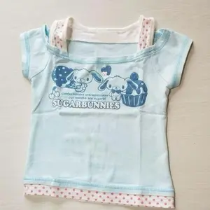 Y2k Casual Clothing Summer Kawaii Fake Two T-shirts Japanese Subculture Cartoon Printed Tees Women Sweet Cute Harajuku Crop Tops Womenswear Tshirt Round Neck Sky Blue Shortsleeve