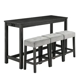 Industrial 3-Piece Bar Table & Stool Set, Imitation Wood Grain, Nesting Space-Saving Design, Ergonomic Fabric-Cushioned Seats, Sturdy MDF & Solid Wood Construction, Easy Assembly, for Kitchen & Living Room, 60"L×20"W×36"H Table, 18"L×11"W×24.25"H Stools,