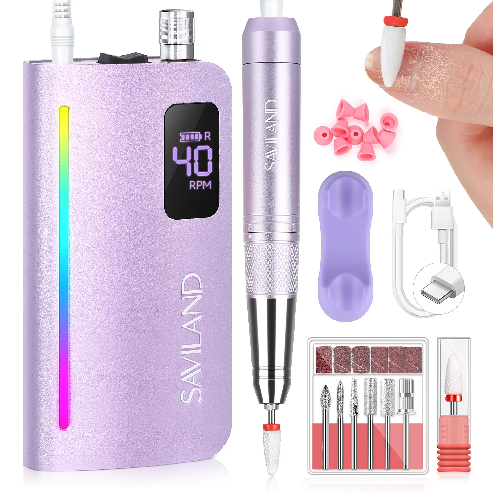 SAVILAND 40000 RPM Low Vibration Nail Drill – Powerful Torque Quiet Coreless Motor 15H Battery Life Pro Electric Nail File for Quick Acrylic Removal