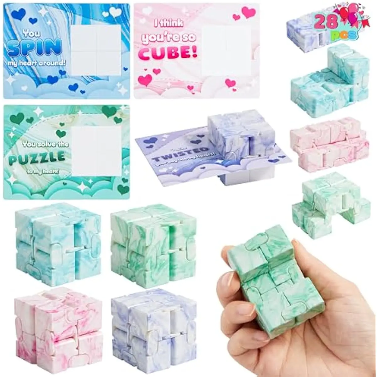 28 PCS Valentine's Day Gift Cards with Infinity Magic Toys, Relaxing Hand-Held Fidget Toys for Kids, Valentine Party Favors Classroom Exchange and Goodie Bag Stuffers