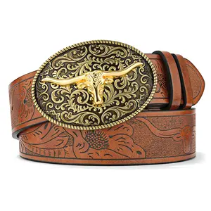 AWAYTR Western Cowboy Belt for Women Vintage Country Cowgirl Embossed PU Leather Belt with Bull Buckle for Jeans
