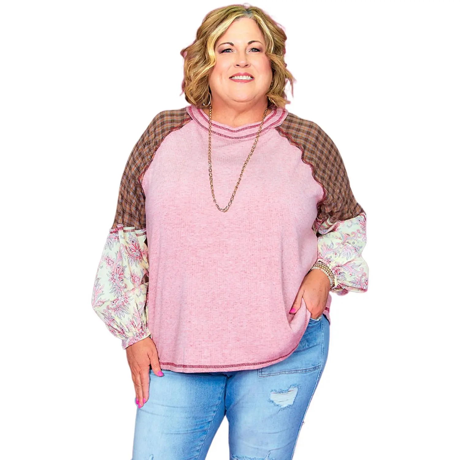 Plus Size Women's Top, Chic Pink Paisley and Checkered Patchwork, Casual Raglan Long Sleeve with a Comfortable Fit, Style, Paisley Mix, Structured Cut, Boutique Style, Longsleeves, Tops, Colorblock, Pink Checkered