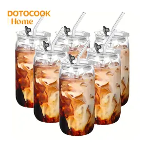 Glass Cup with Lid & Straw & Straw Brush, Glass Cup Set, 2/4/6 Counts 16oz Drinking Glasses, Portable Iced Coffee Cups for Home Office Party Dormitory Picnic, Premium Drinking Glasses #TOP PICKS