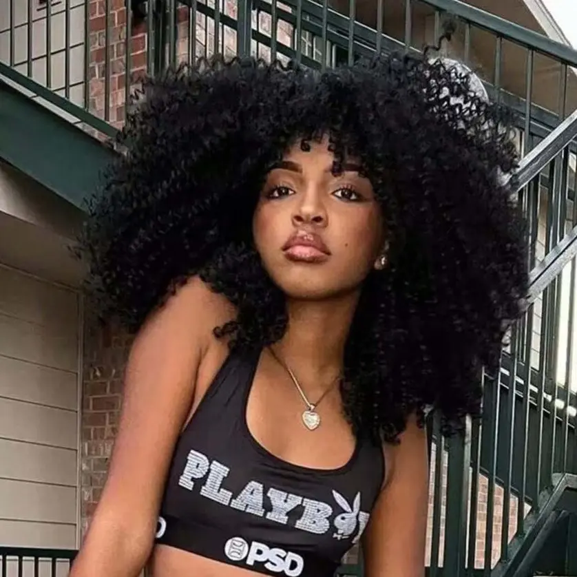 GKtineke Women's 16-Inch Kinky Curly Afro Wig - High-Density Synthetic, Heat-Resistant, with Bangs, Black and Brown Full Machine Wig for Daily Wear, Kinky Curly Wig