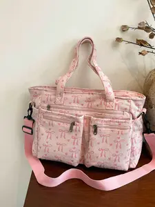 2026 Valentine's Day Gift, Stylish Casual Corduroy Tote Bag with Bow Pattern, Versatile for School, Work, and Travel