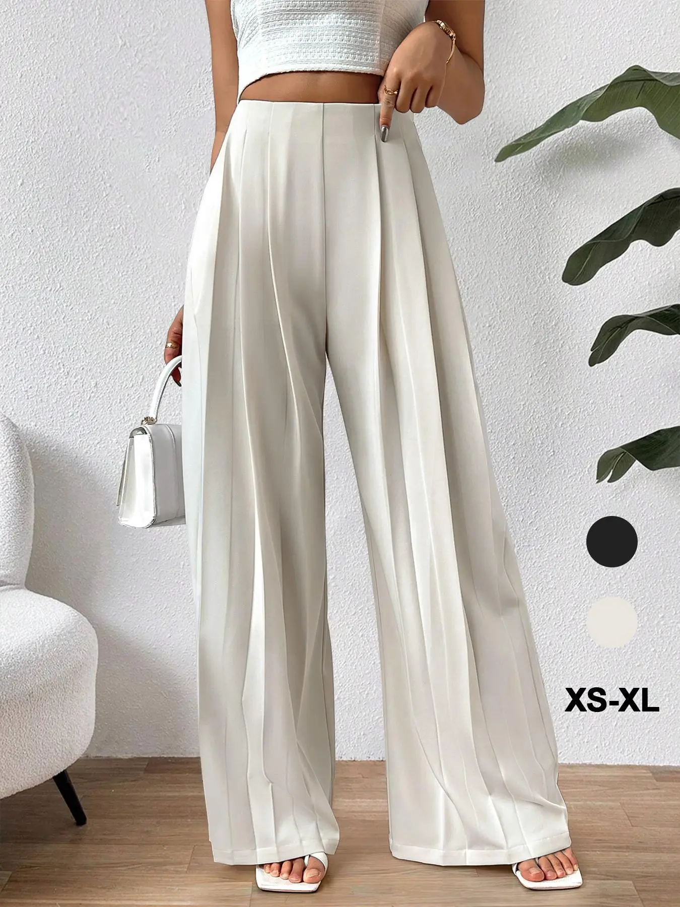 Women's Solid High Waist Wide Leg Pants, Comfort Mufti Clothes, Elegant High Rise Pleated Trousers for Spring & Fall, Fashion Minimalist Women's Pants