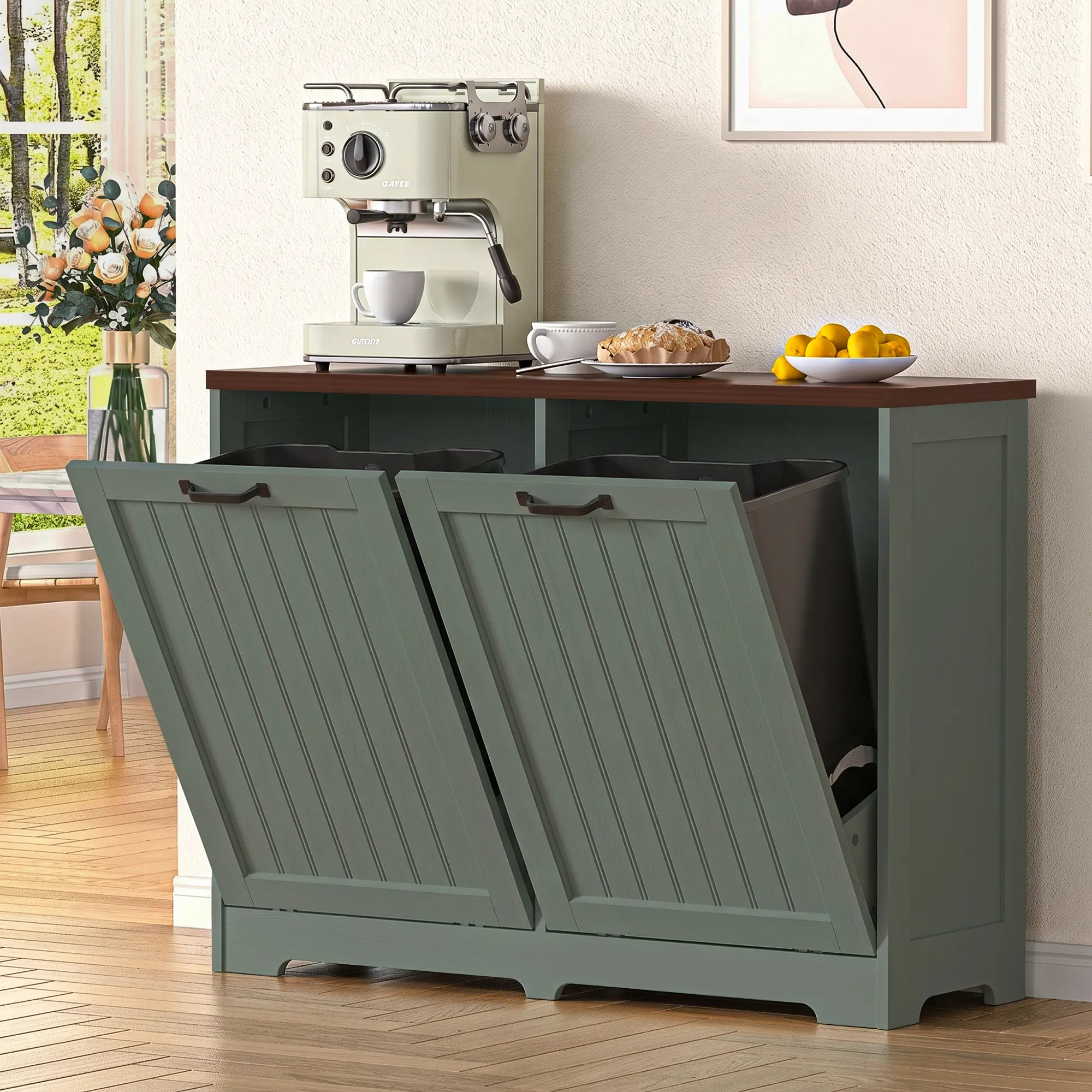 AHB Hidden Storage Cabinet - Waterproof, Modern, Pet-Proof Wooden Cupboard with Space-Saving Tilt-Out Design, Fits 2 Trash & Recycle Bins, for Kitchen/Bathroom Home Supplies (Trash Cans Not Included)