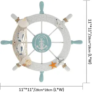 Nautical Beach Wooden Boat Ship Steering Wheel Fishing Net Shell Home Wall Decor White - Fish