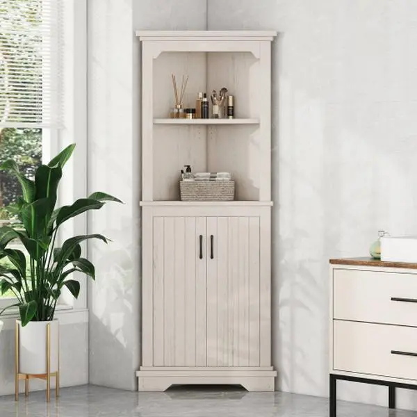 Bellemave Tall Corner Cabinet with Doors - 2 Open Shelves, 28.30x15.40x69.40in, 71.87lbs (above 25kg), Assembled Height 69.40in, Indoor Storage Furniture for Living Room & Kitchen, Above 25 Kg