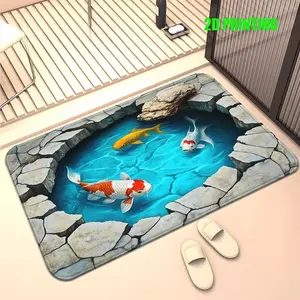 Serene Koi Fish Printed Entry Doormat, Soft Machine Washable Polyester Rug, Slip Resistant Durable Floor Mat for Home Bathroom Indoor Decoration, Bathroom Decorative Mat