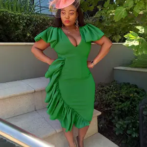 New Wish Deep V-Neck Ruffle Bodycon Midi Dress Plus Size Women's Dress Multiple Sizes Multiple Colors Party Evening Dress Formal Attire Slim Fit Elegant Blogger Style High-End Atmosphere