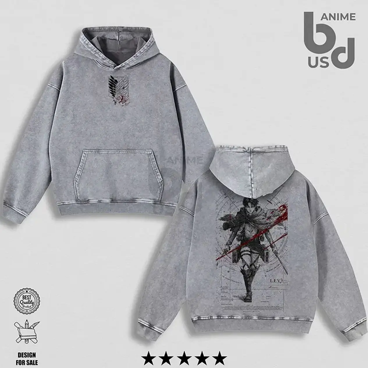 Levi Ackerman AOT Washed Hoodie | Oversize Unisex Double Printed Anime Graphic | Streetwear Merch Gift MIR