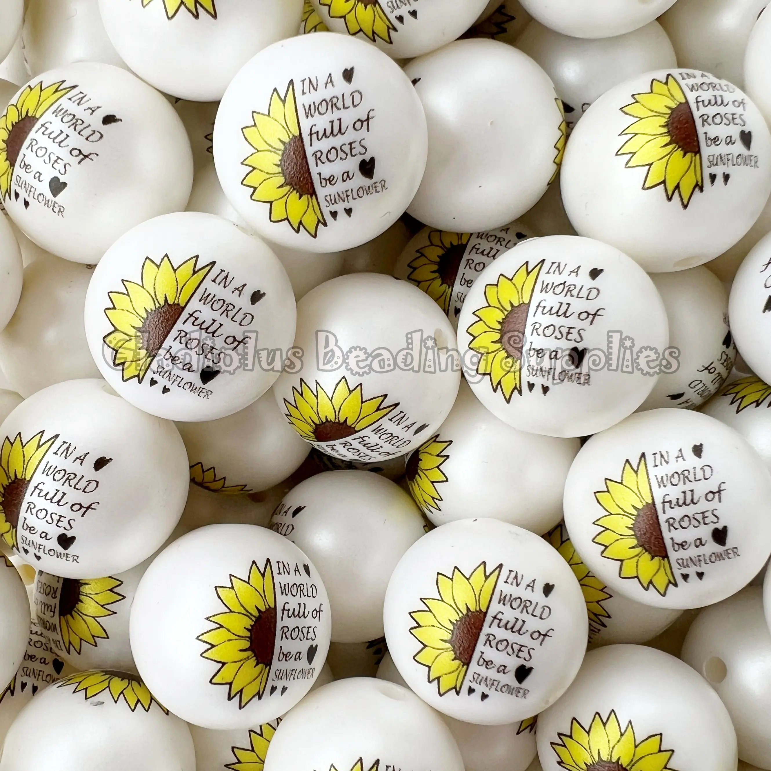 20mm Sunflower Print Acrylic Bead, Summer, Bee Beads, Bubblegum, Chunky Round, Gumball, Beading Supplies