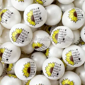 20mm Sunflower Print Acrylic Bead, Summer, Bee Beads, Bubblegum, Chunky Round, Gumball, Beading Supplies