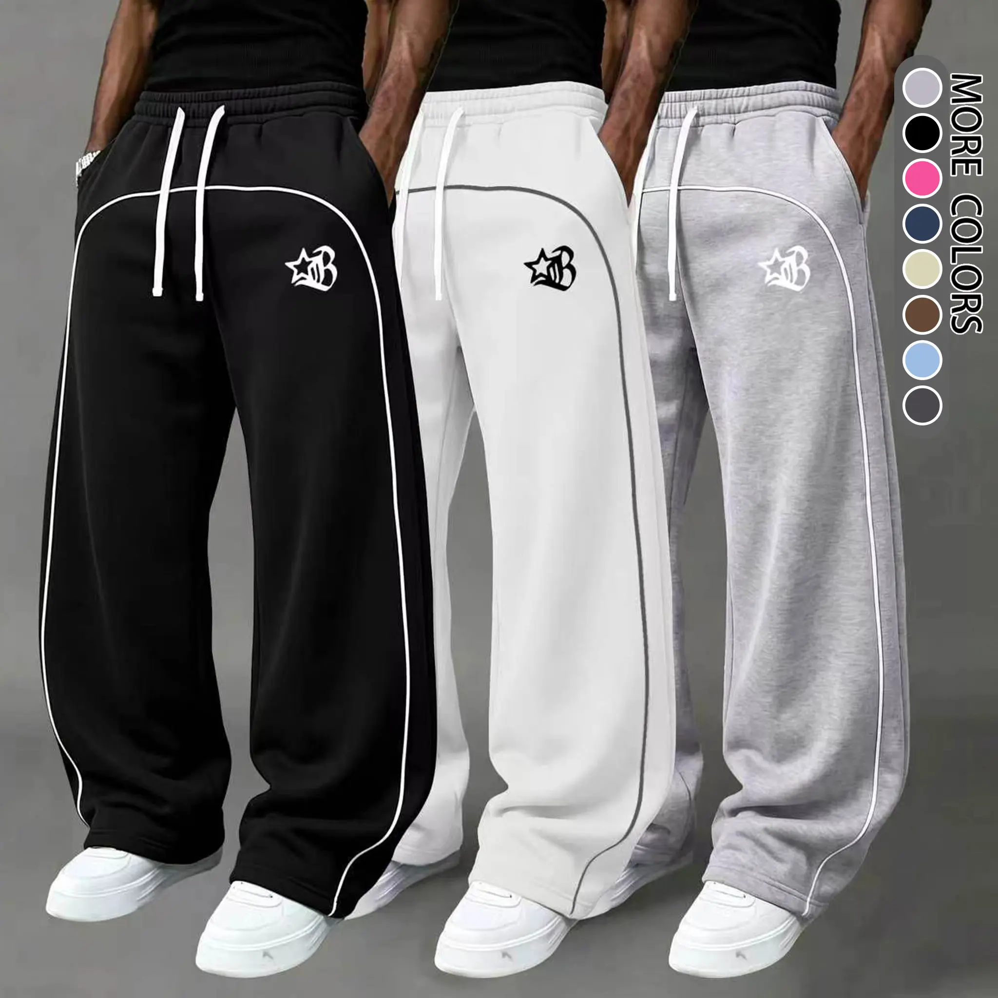 Men's Baggy Sweatpants 3-Pack (3-Packs Available), Men's Clothing Male Wear Wide-Leg Athletic Pants with Drawstring Waist, 100% Polyester Ultra-Soft Lightweight Sportswear for Gym Fitness,sohochic