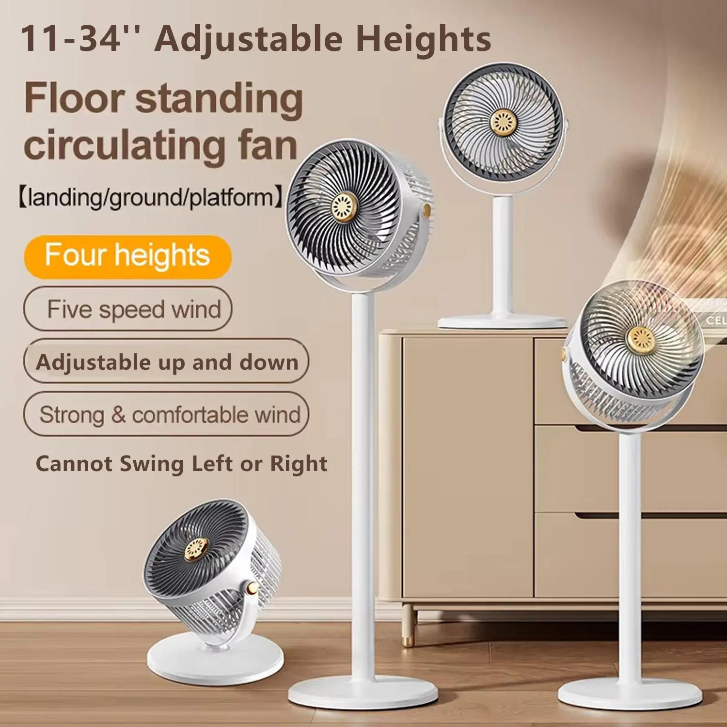 Personal Up/Down Tilting Standing Pedestal Fan – Silent, Height-Adjustable 11-34in, Rechargeable, Non-Oscillating Air Circulator for Bedroom