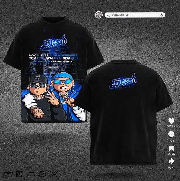 Blessd exclusive graphic t-shirt – oversized black streetwear tee with cartoon-style front illustration and bold logo back print – unisex fit for Latin music fans, urban fashion, and limited edition merch collectors