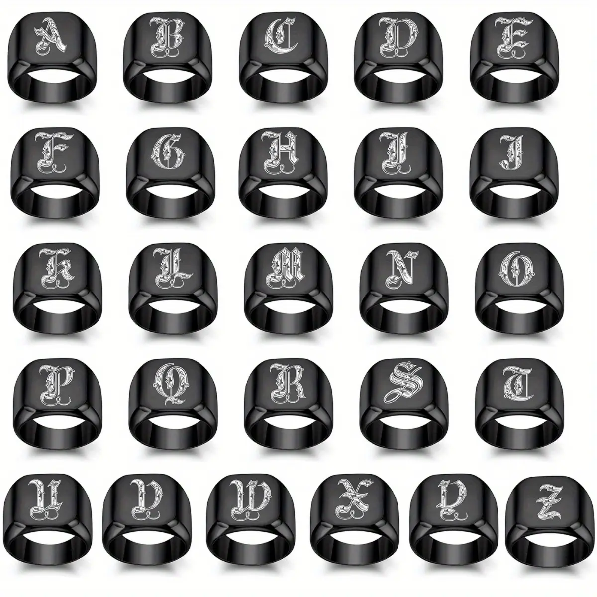 Men's Square Initial Ring in Black Stainless Steel, Retro Hip-Hop Style Band with Personalized A-Z Letters, Exquisite Trendy Jewelry Gift, Exquisite Trendy Ring, Mens Gifts, Men's Jewelry, Cool Gifts For Guys